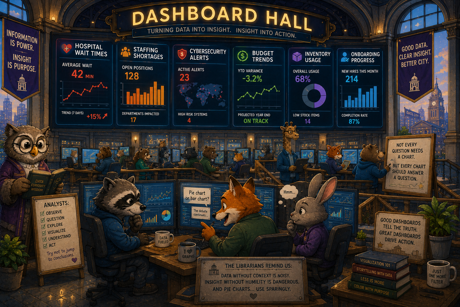 The Dashboard Hall showing charts, alerts, budgets, inventory, and onboarding progress