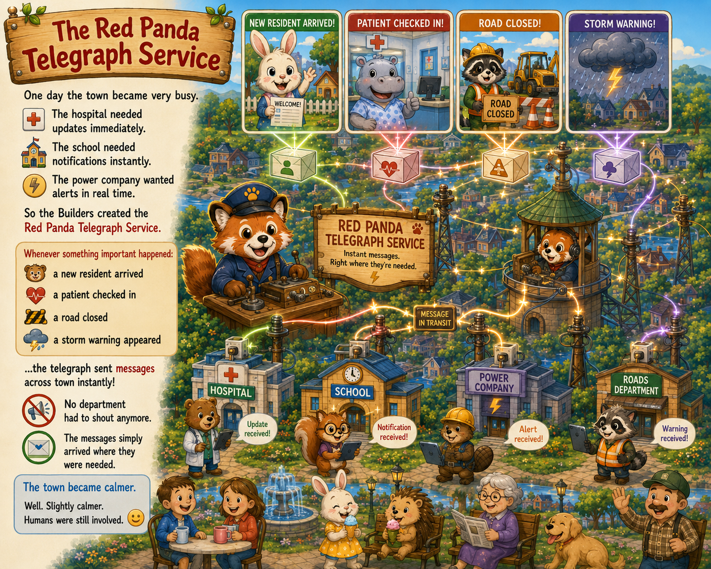 The Red Pandas Express carrying event packages across Data City